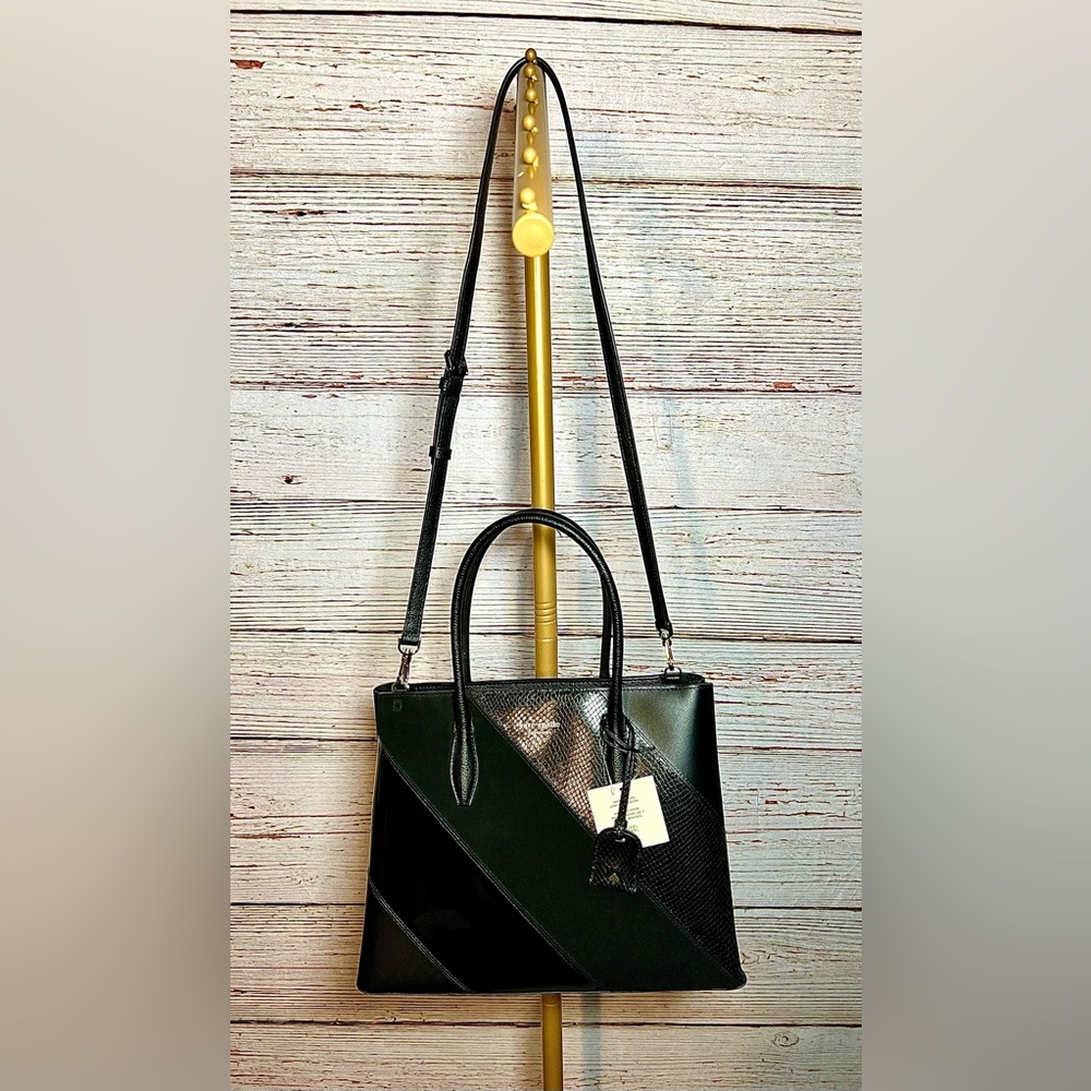 Kate Spade Eva Black Med Handbag • Mixed Material Suede Snake Patent Leather